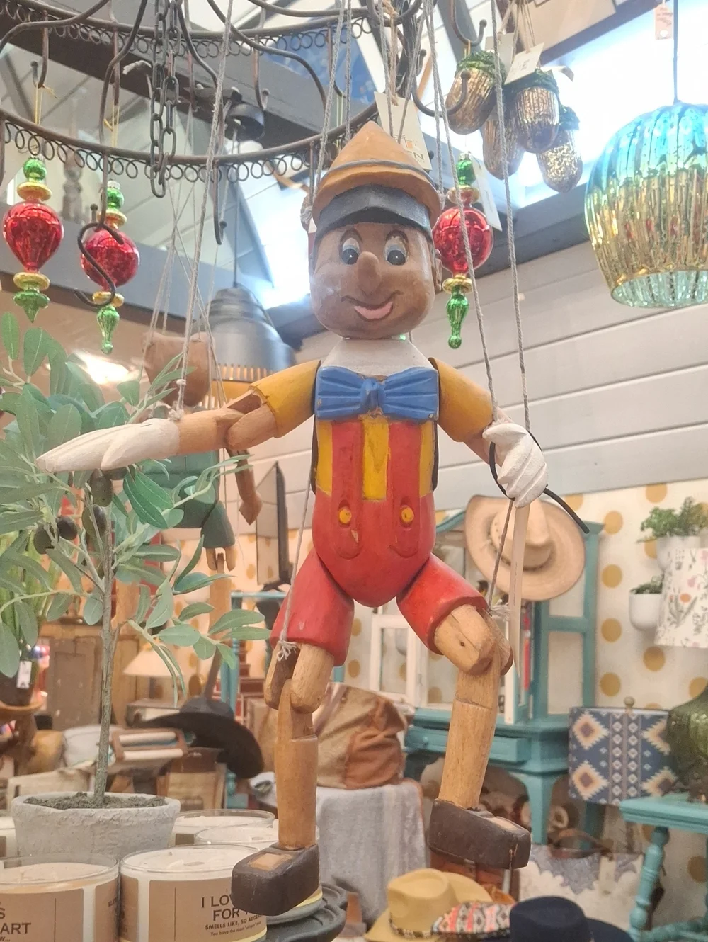 Vintage Wooden Hand Carved Pinocchio Marionette Doll - Red & Yellow Outfit